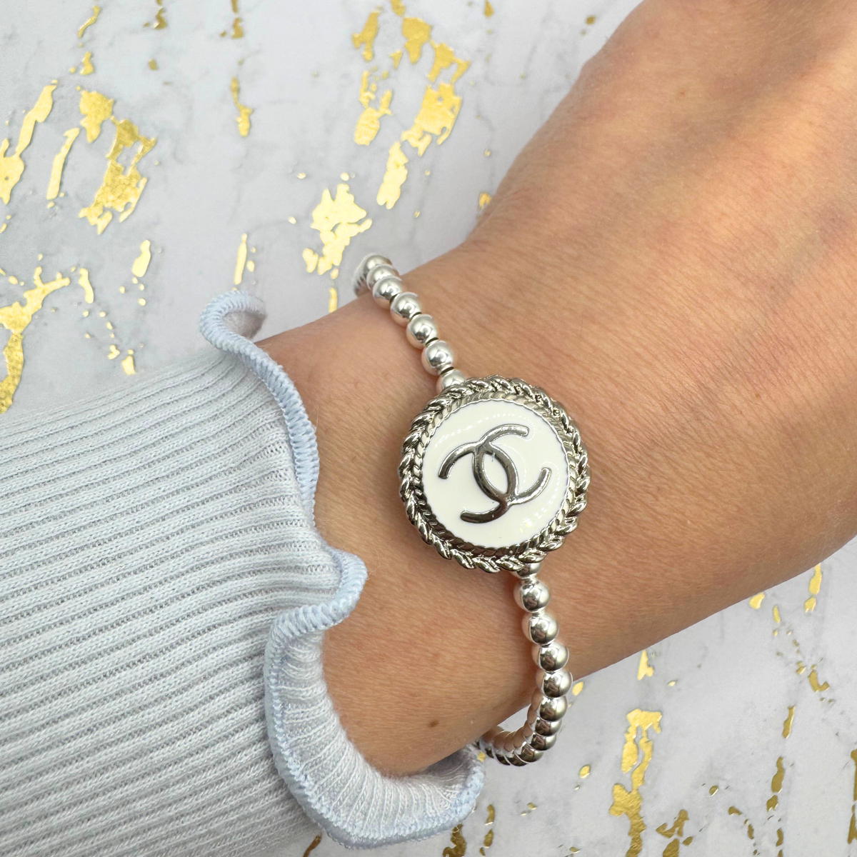 Golden Girl CC Repurposed Sterling Silver Beaded Bracelet