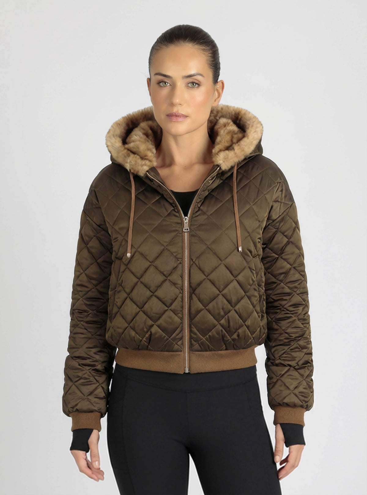 Blanc Noir Tawny Reversible Quilted Faux Fur Hoodie Jacket