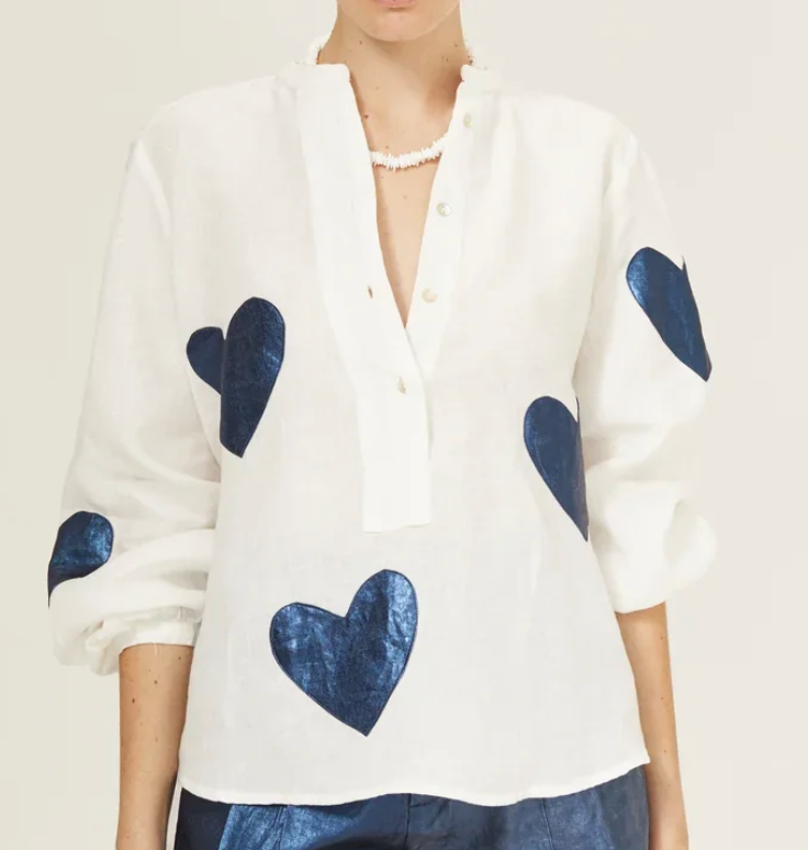 Cupid Women's Metallic Dark Blue Hearts Linen Shirt