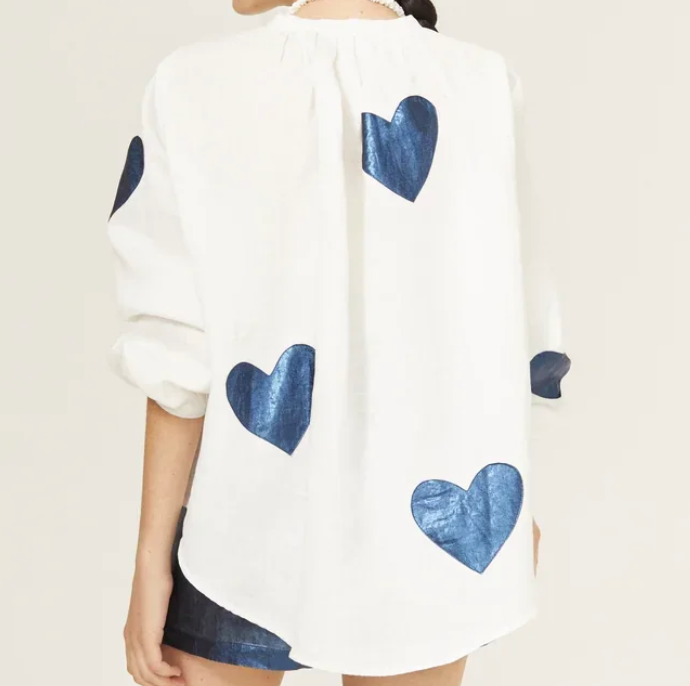 Cupid Women's Metallic Dark Blue Hearts Linen Shirt