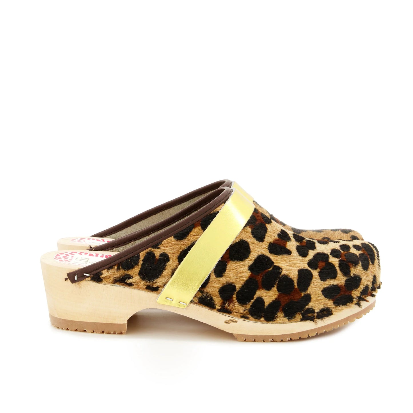 Leopard Print & Wood Handmade Clogs With Gold Strap
