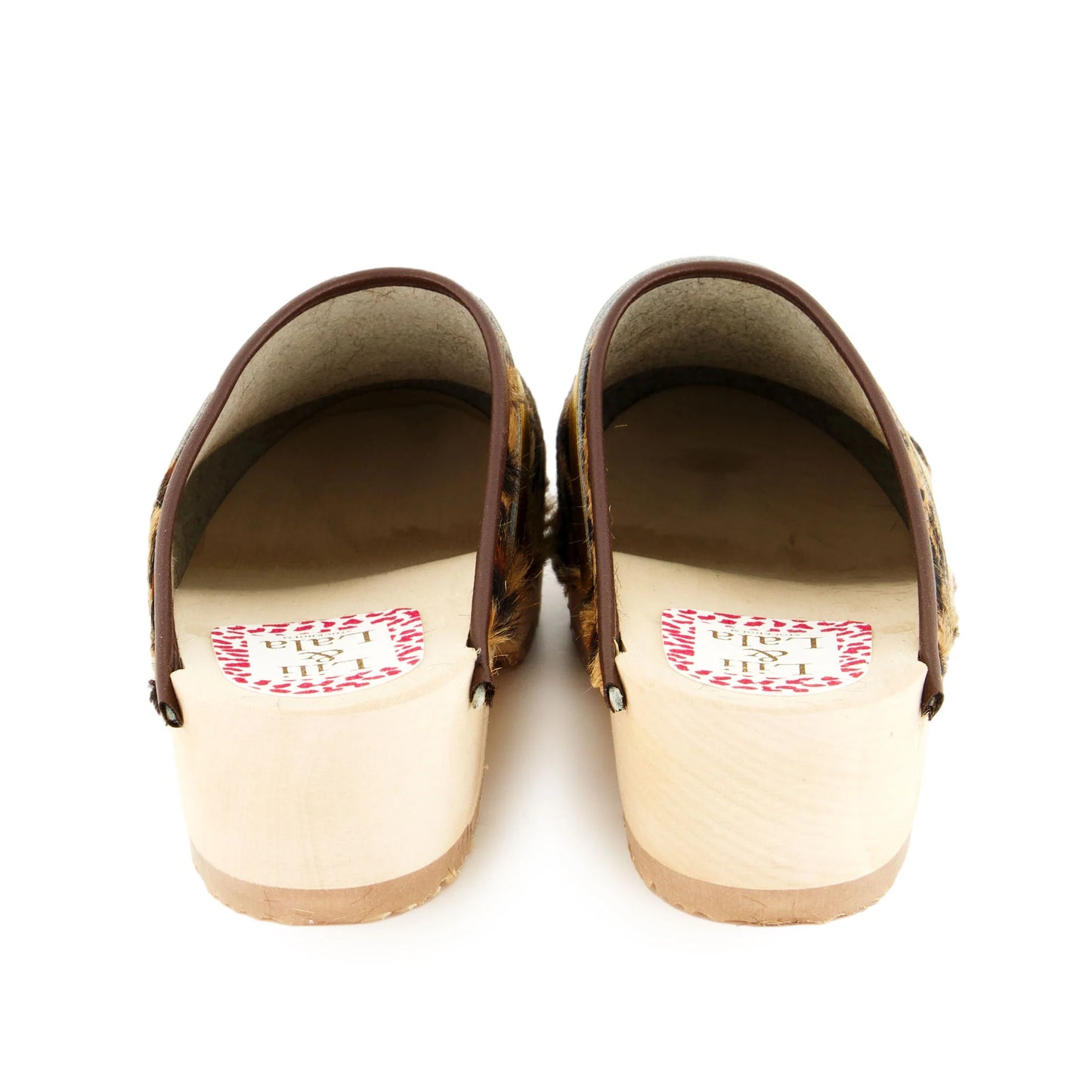 Leopard Print & Wood Handmade Clogs With Gold Strap