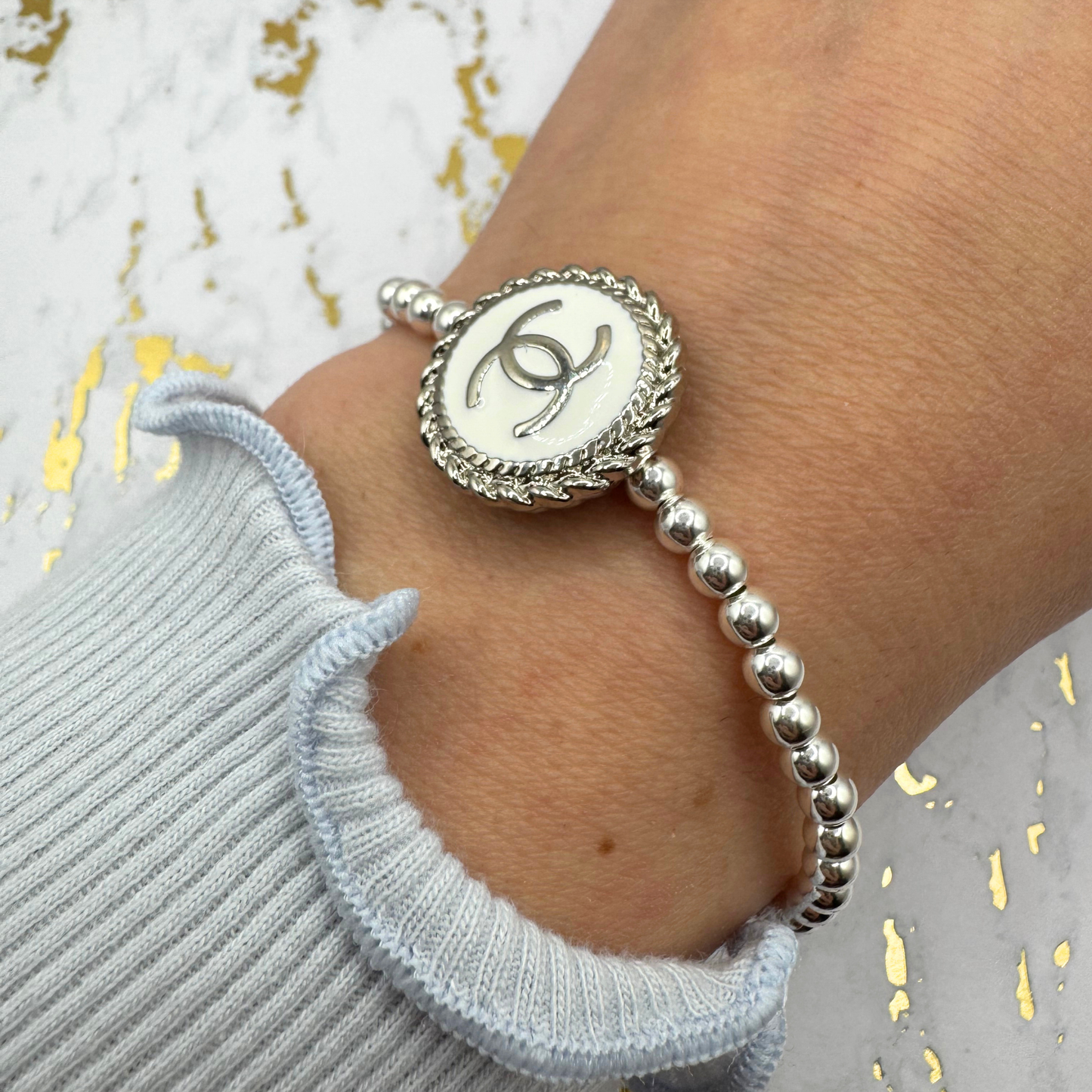 Golden Girl CC Repurposed Sterling Silver Beaded Bracelet