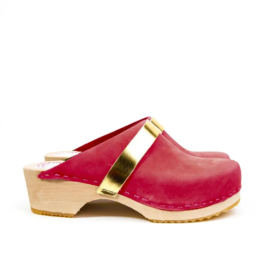 Red Leather & Wood Handmade Clogs With Gold Strap (PRE-ORDER)