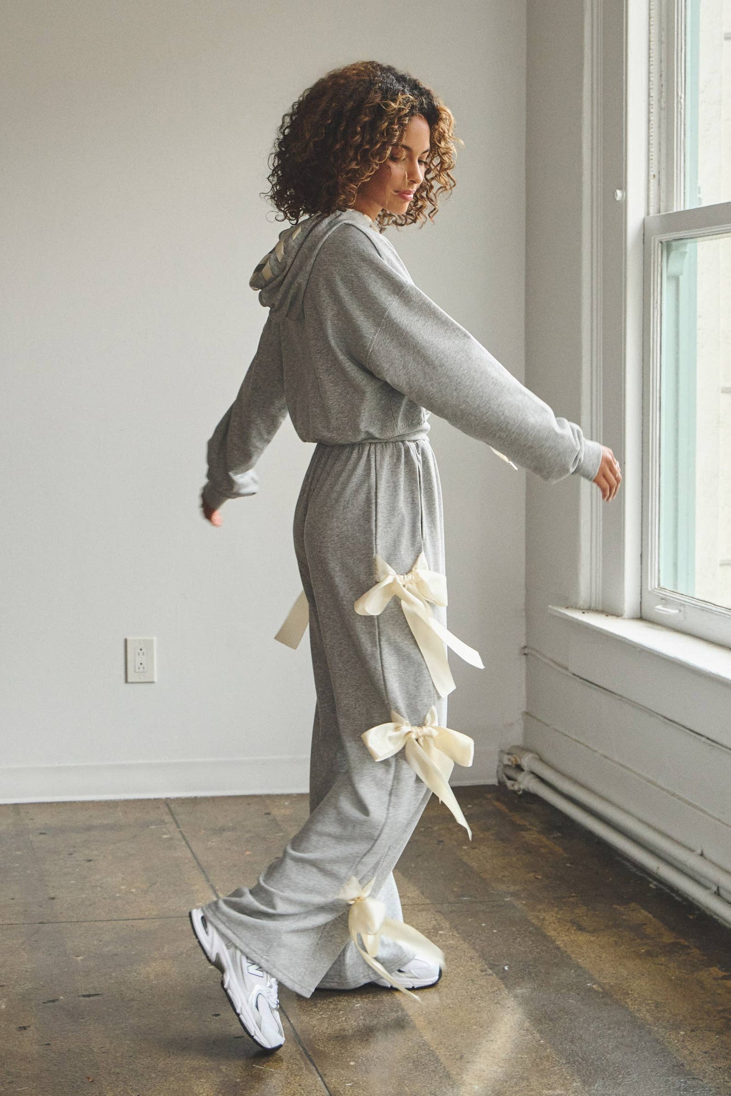 No Vacancy Women's Grey French Terry Wide-Leg Pants with Satin Bow Ties