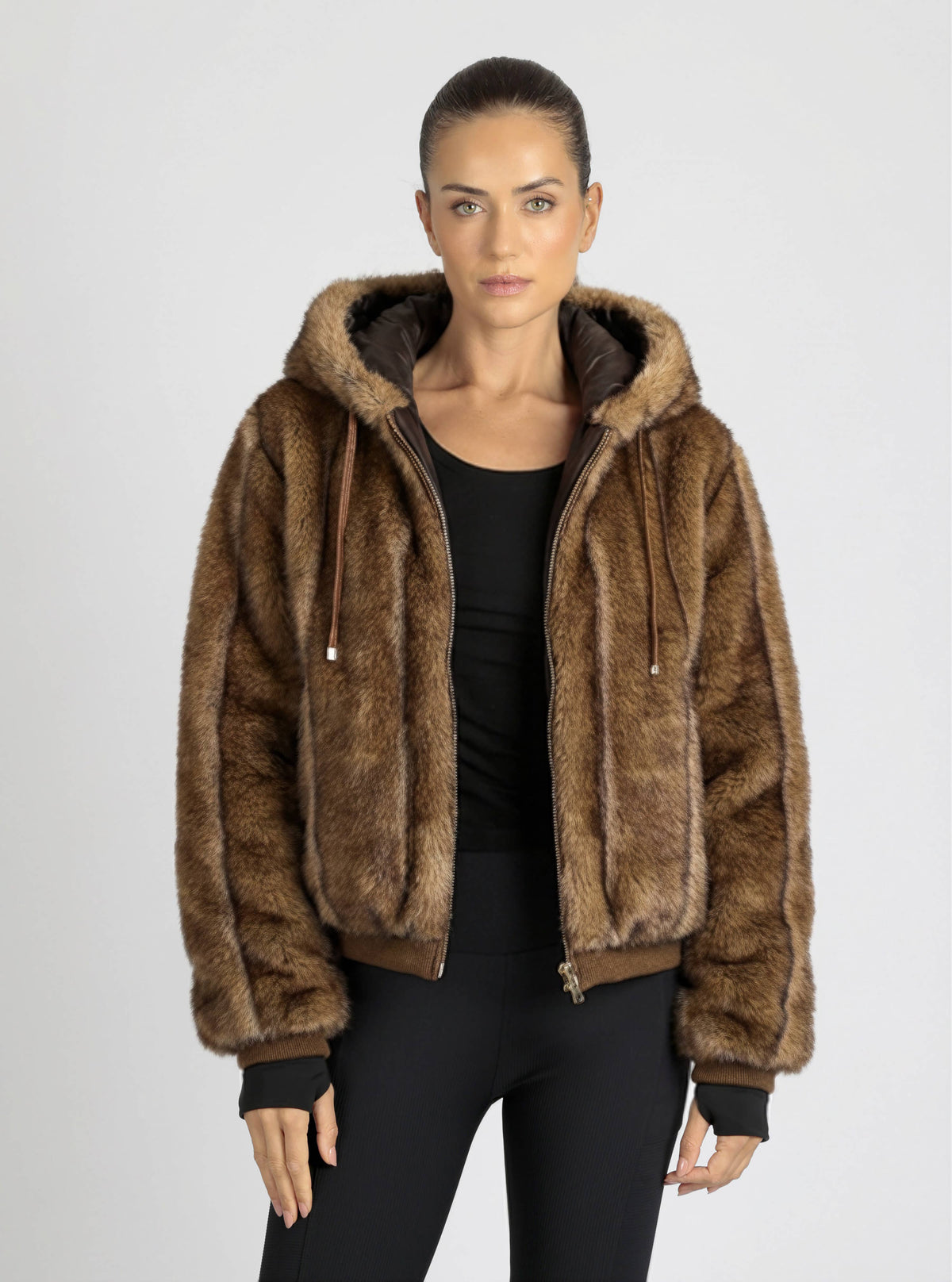 Blanc Noir Tawny Reversible Quilted Faux Fur Hoodie Jacket
