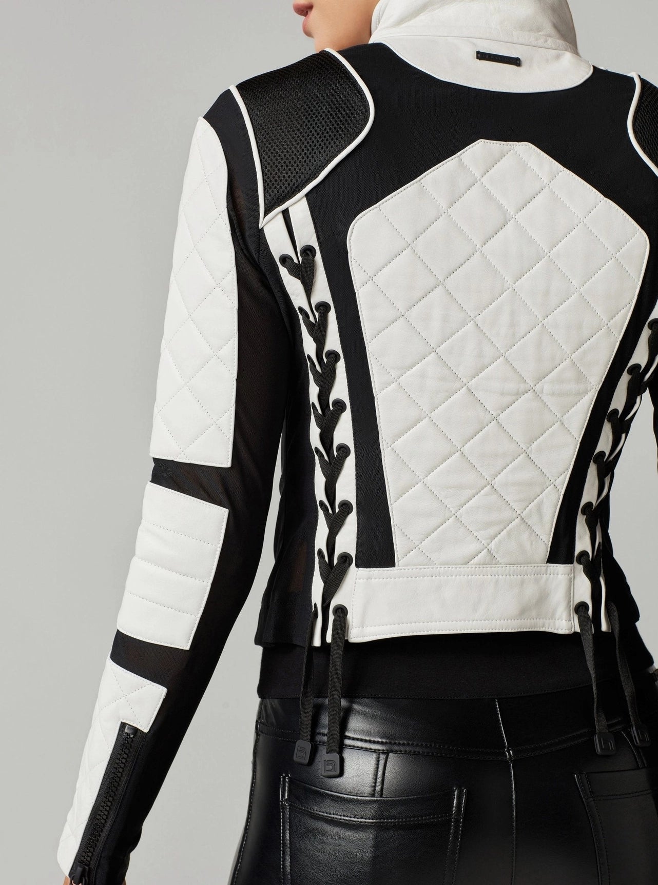 Blanc Noir Women's Mesh Moto Leather Jacket - Black and White Colorblock