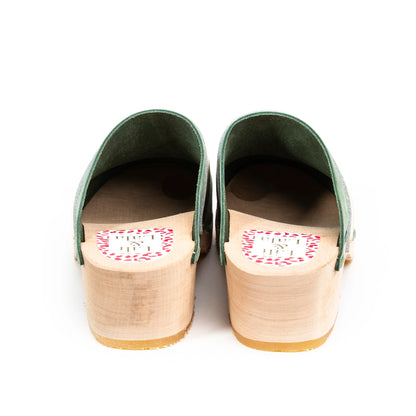 Moss Green & Wood Handmade Clogs With Gold Strap (Pre-Order)