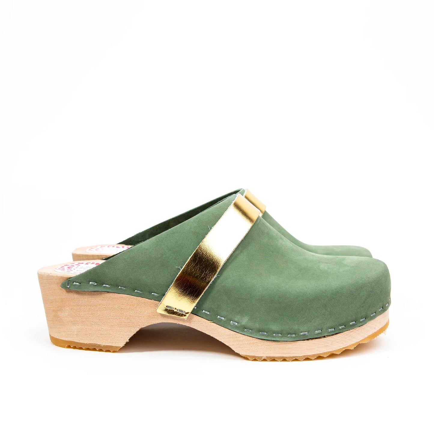 Moss Green & Wood Handmade Clogs With Gold Strap (Pre-Order)