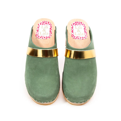 Moss Green & Wood Handmade Clogs With Gold Strap (Pre-Order)