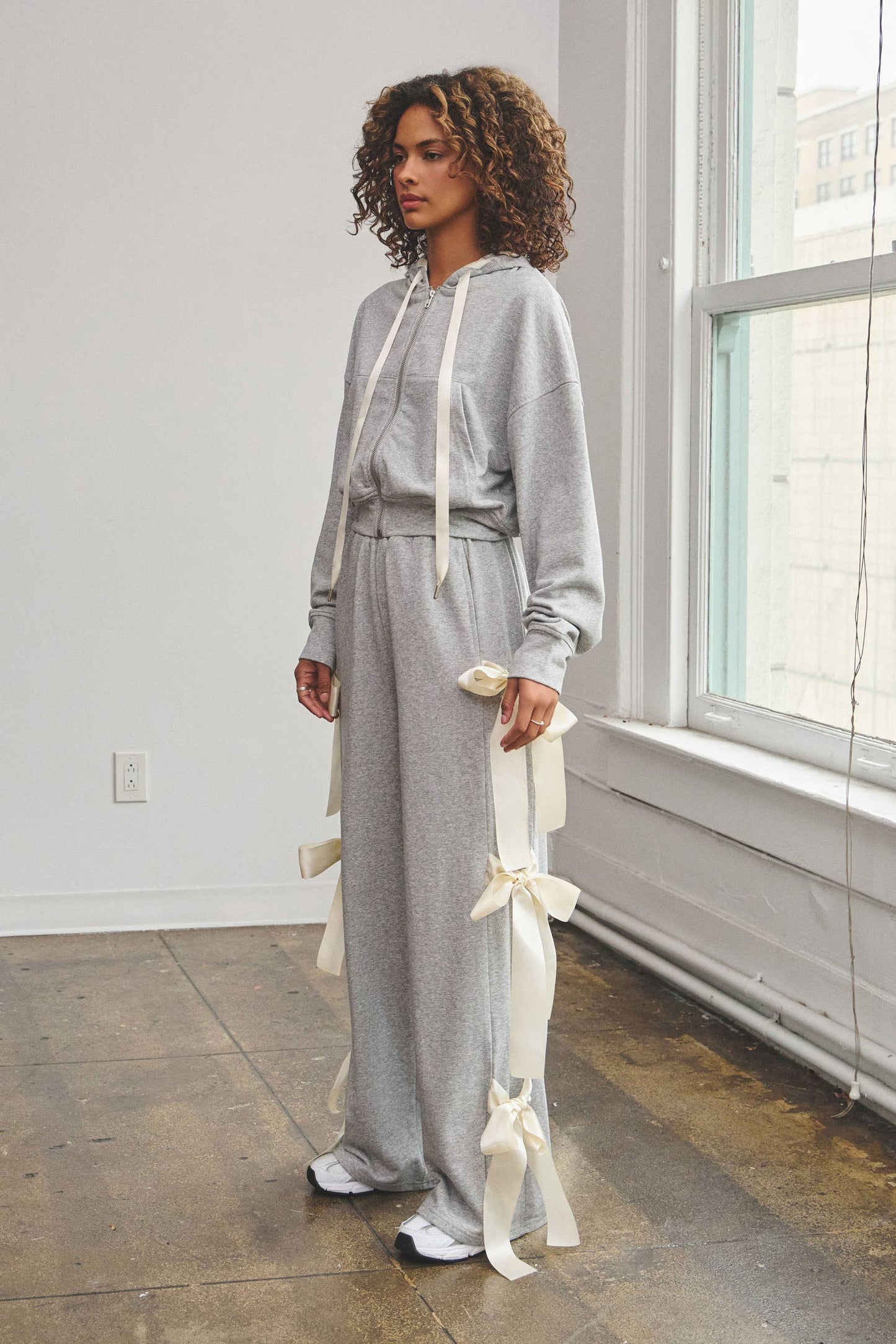 No Vacancy Women's Grey French Terry Wide-Leg Pants with Satin Bow Ties