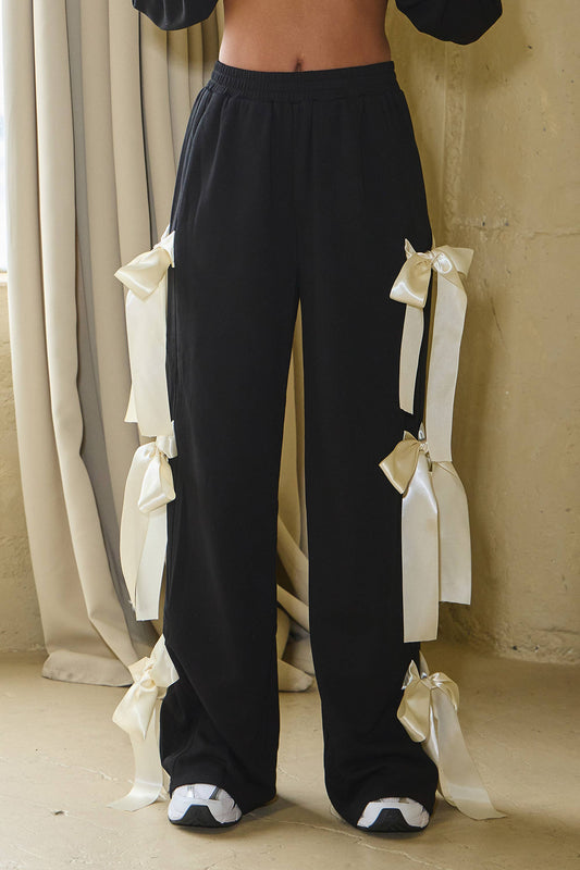No Vacancy Women's Black French Terry Wide-Leg Pants with Satin Bow Ties
