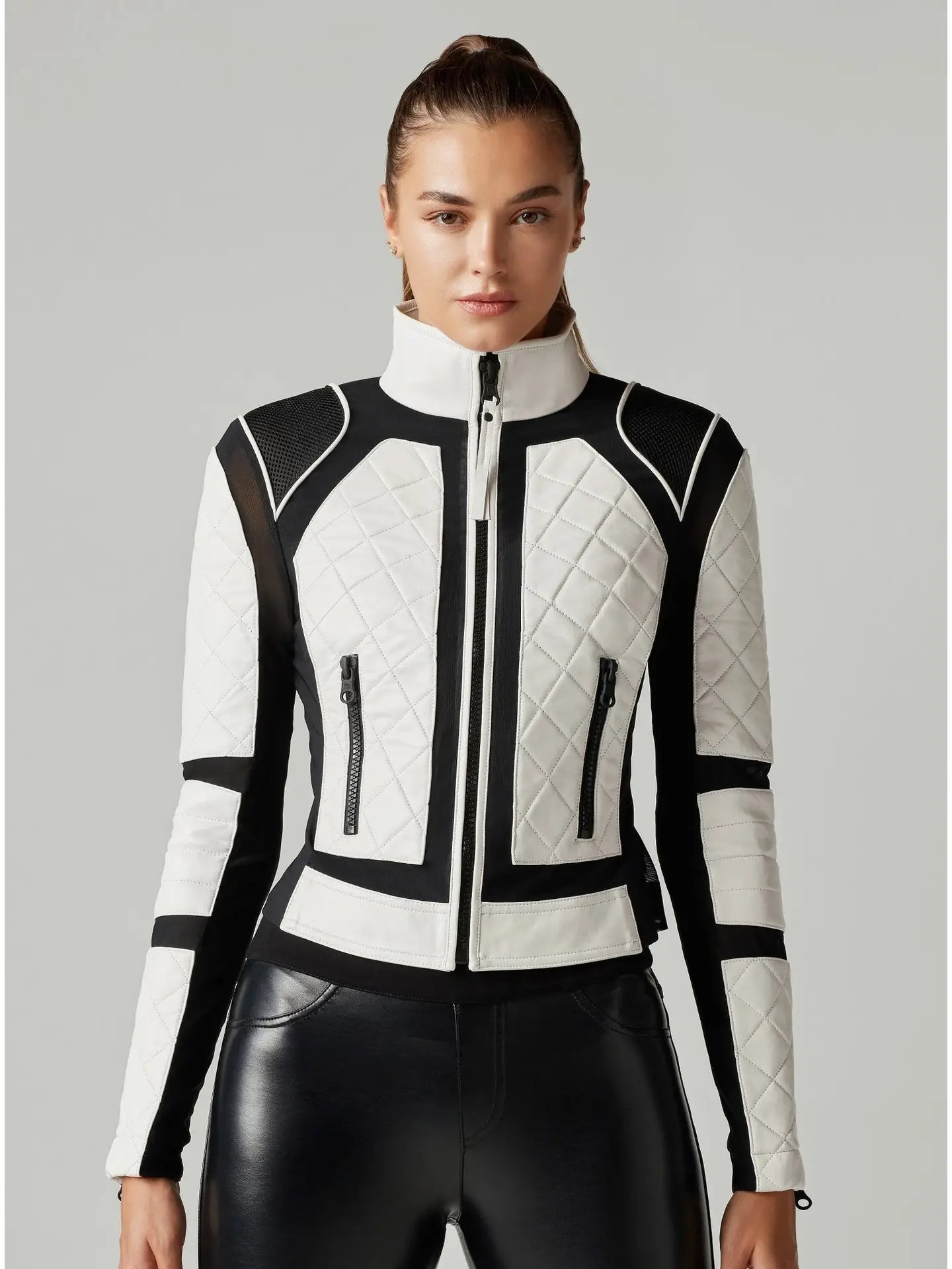 Blanc Noir Women's Mesh Moto Leather Jacket - Black and White Colorblock