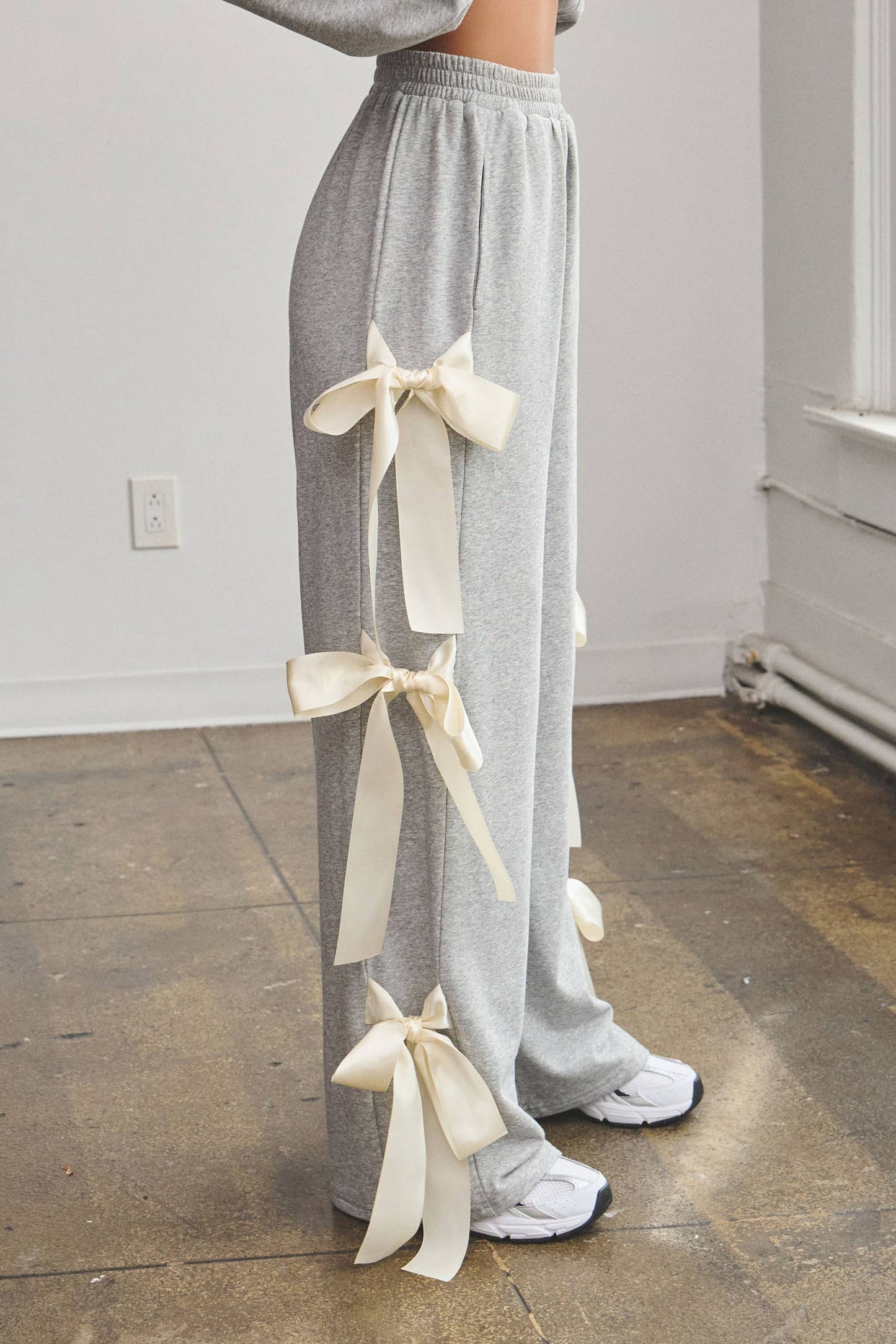 No Vacancy Women's Grey French Terry Wide-Leg Pants with Satin Bow Ties
