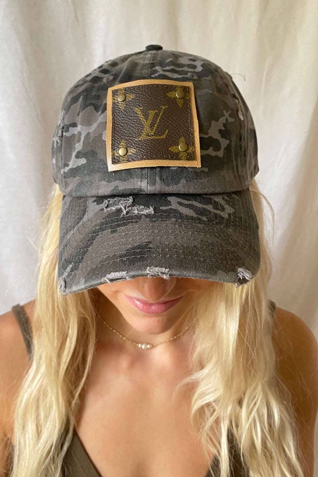LV Patch Up-Cycled Women's Black and Gray Camouflage Cap
