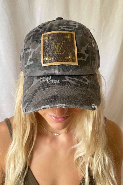 LV Patch Up-Cycled Women's Black and Gray Camouflage Cap
