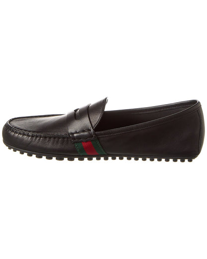Gucci Men's Black Web Driver Leather Loafers