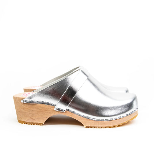 Silver Leather & Wood Handmade Clogs