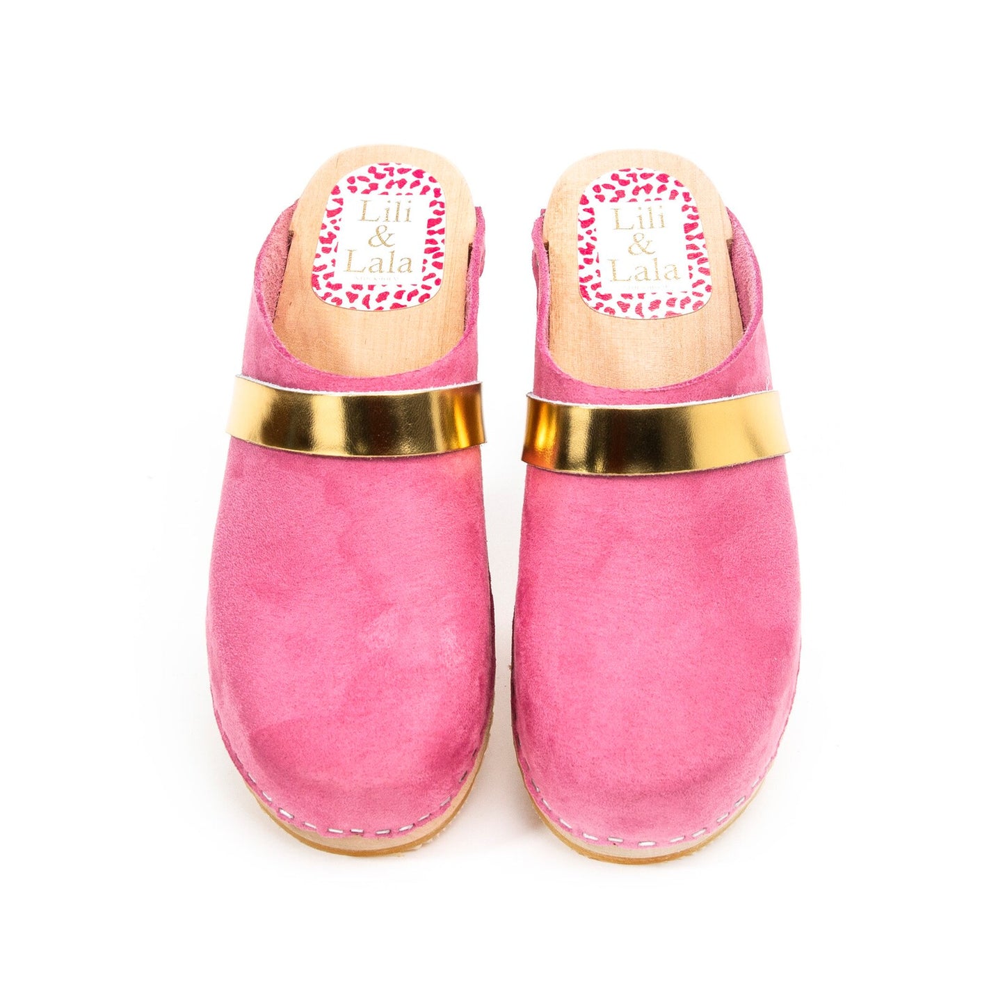 Pink Leather & Wood Handmade Clogs