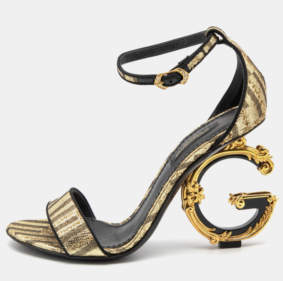 Dolce & Gabbana Lurex Fabric Gold Keira DG Logo Heel Ankle Strap Sandal (Pre-Owned)