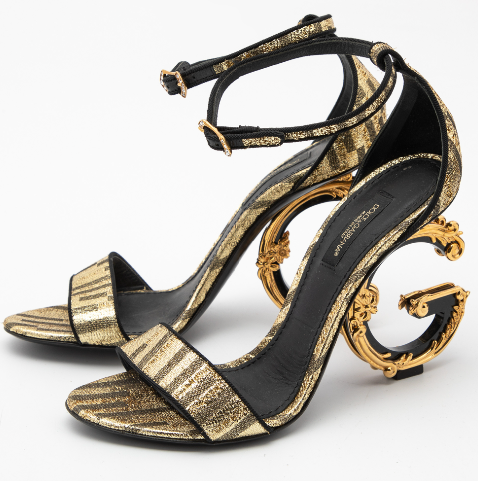 Dolce & Gabbana Lurex Fabric Gold Keira DG Logo Heel Ankle Strap Sandal (Pre-Owned)